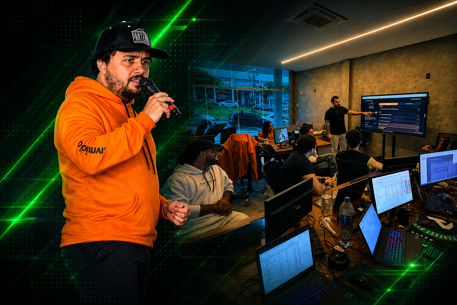 Sala de operação da MV Mídia — equipe rodando campanhas em tempo real
