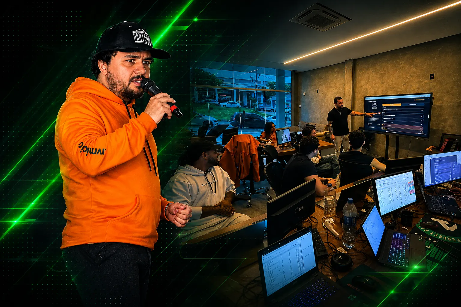 Sala de operação da MV Mídia — equipe rodando campanhas em tempo real