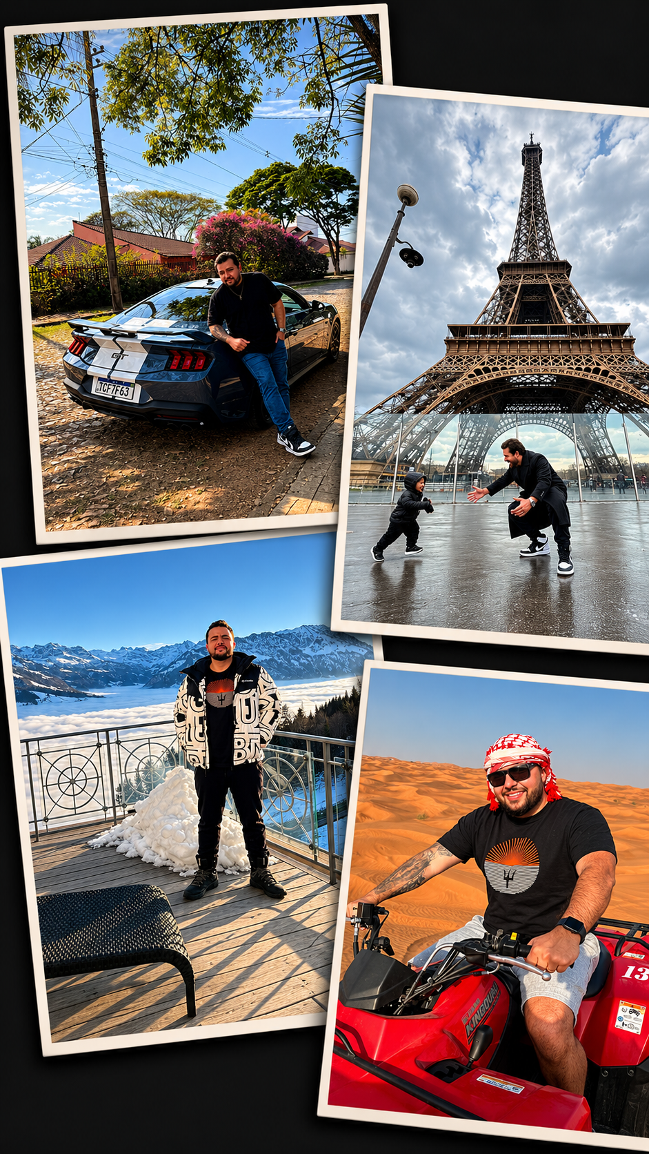 Colagem vertical: viagens, carros e família