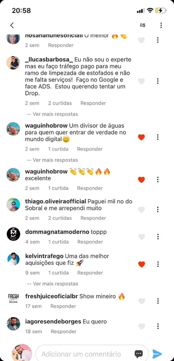 Comentários de alunos no anúncio