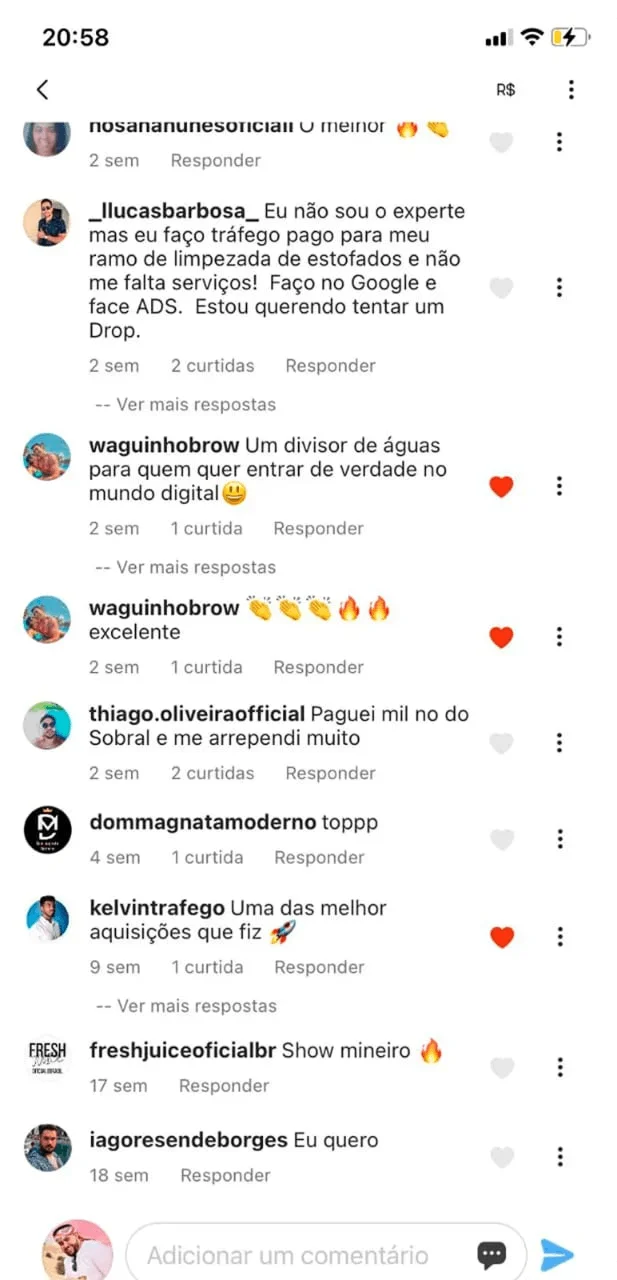 Comentários de alunos no anúncio